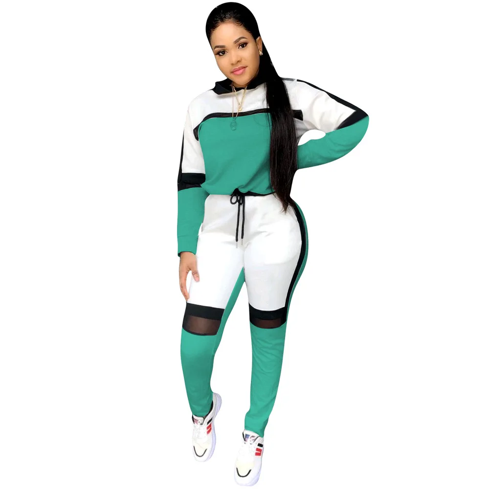 autumn clothing patchwork long sleeve two piece set women tracksuit