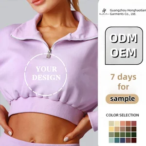 ODM Custom Gym Wear Cotton Fleece High Neck Ladies Cropped Half Zip up Hoodies Sexy Yoga Sport Crop Top Sweatshirt for Women
