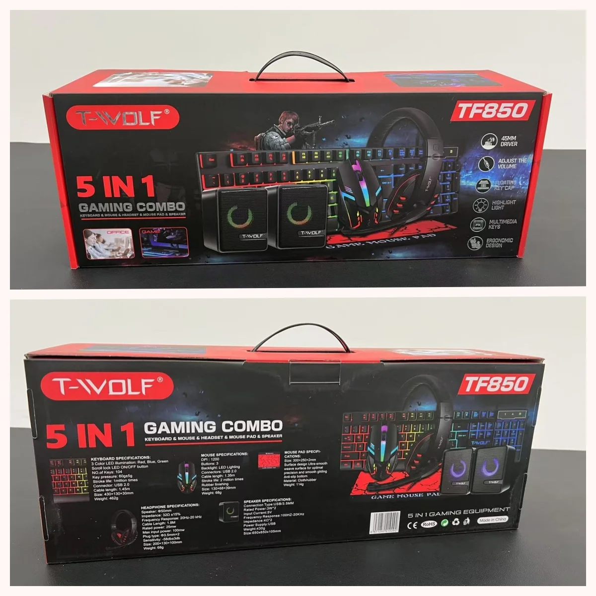 T-WOLF TF850 Gaming Keyboard Mouse and Gaming Headset and Speaker Mouse Pad Wired RGB Backlight Keyboard Combos for Computer PC