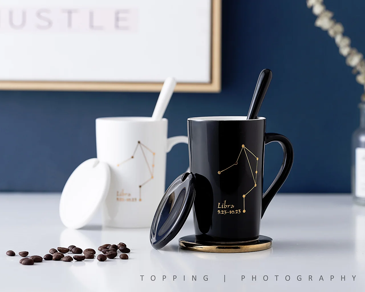 Constellations Ceramic Coffee Milk Mug with Spoon Lid Black and Porcelain Zodiac Ceramic Cup