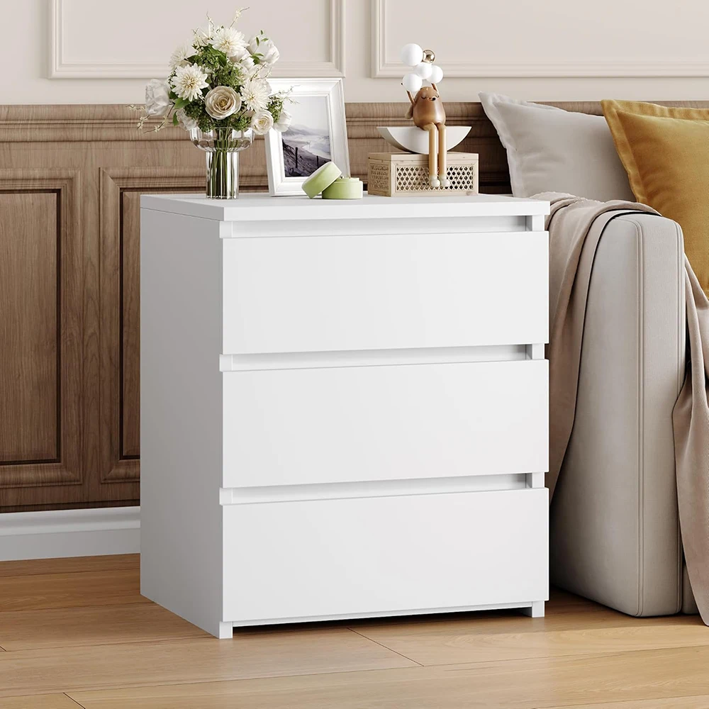product white wooden modern 3 drawer nightstand with cut out handle for apartment bedroom sofa side table-8