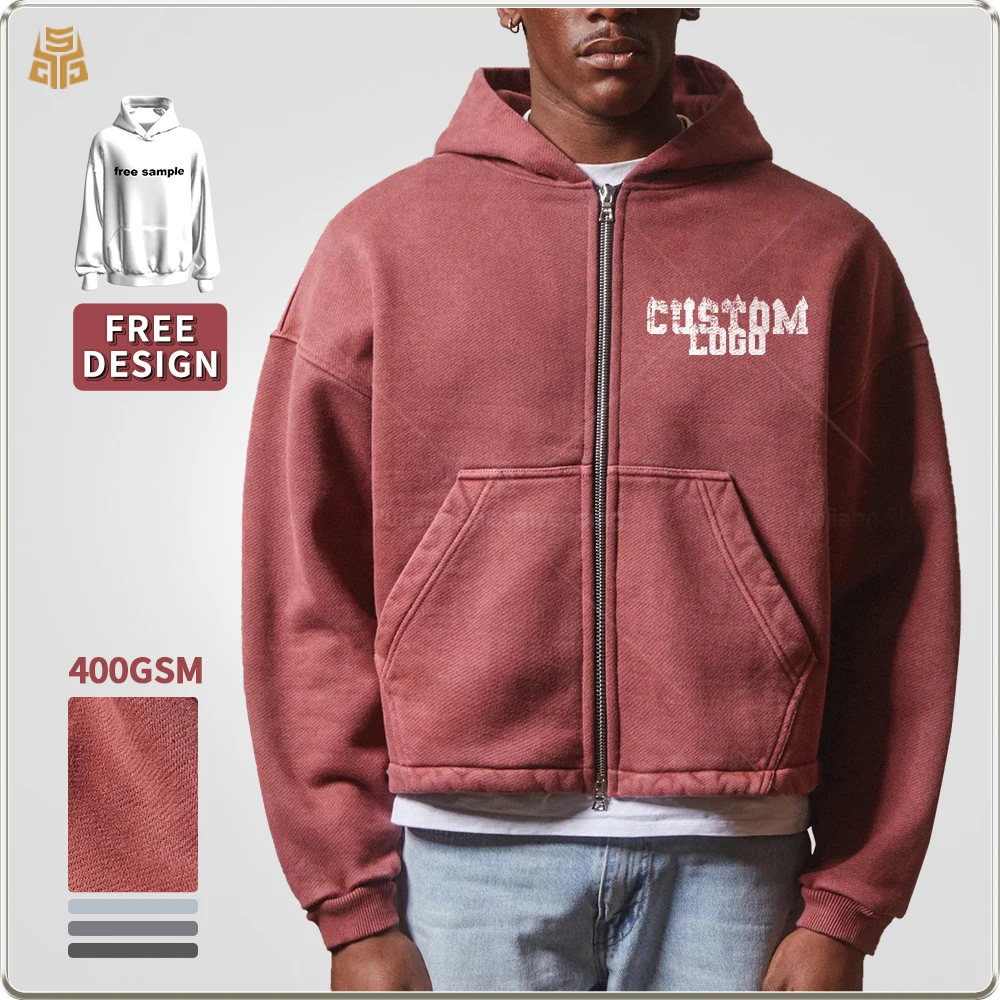 sweat-shirts surdimensionnés en coton 400 g/m² avec logo personnalisé, à fermeture éclair, style vintage lavé, coupe courte, pour hommes