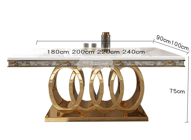 Luxury Gold Stainless Steel Glossy Rock Slab Dining Table Set