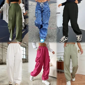 Wholesale custom OEM manufacturer Vintage pocket high waisted street loose casual women's long parachute overalls women's pants