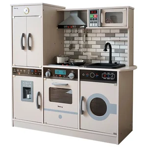 EDULAND Wooden Simulation Play Set Sound Light Water Kitchen Kids Toy Refrigerator Cooking Suit Cocina De Juguete Play