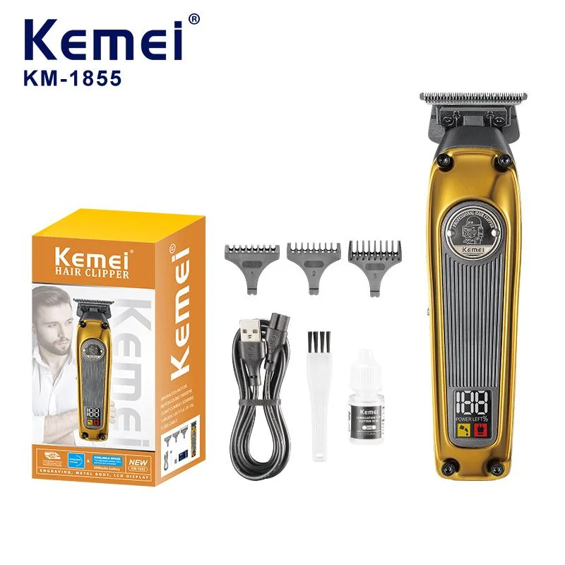 Kemei KM-1855 صالون حلاقة USB قابلة للشحن مقص الشعر الكهربائية LCD شاشة ديجيتال قاطع السيراميك رئيس قادين الشعر