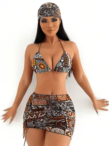 STOCK Print Women 4Pieces Swimwear Triangle Top Thong Bikini and Skirt Set With Hair Scarf S-XL