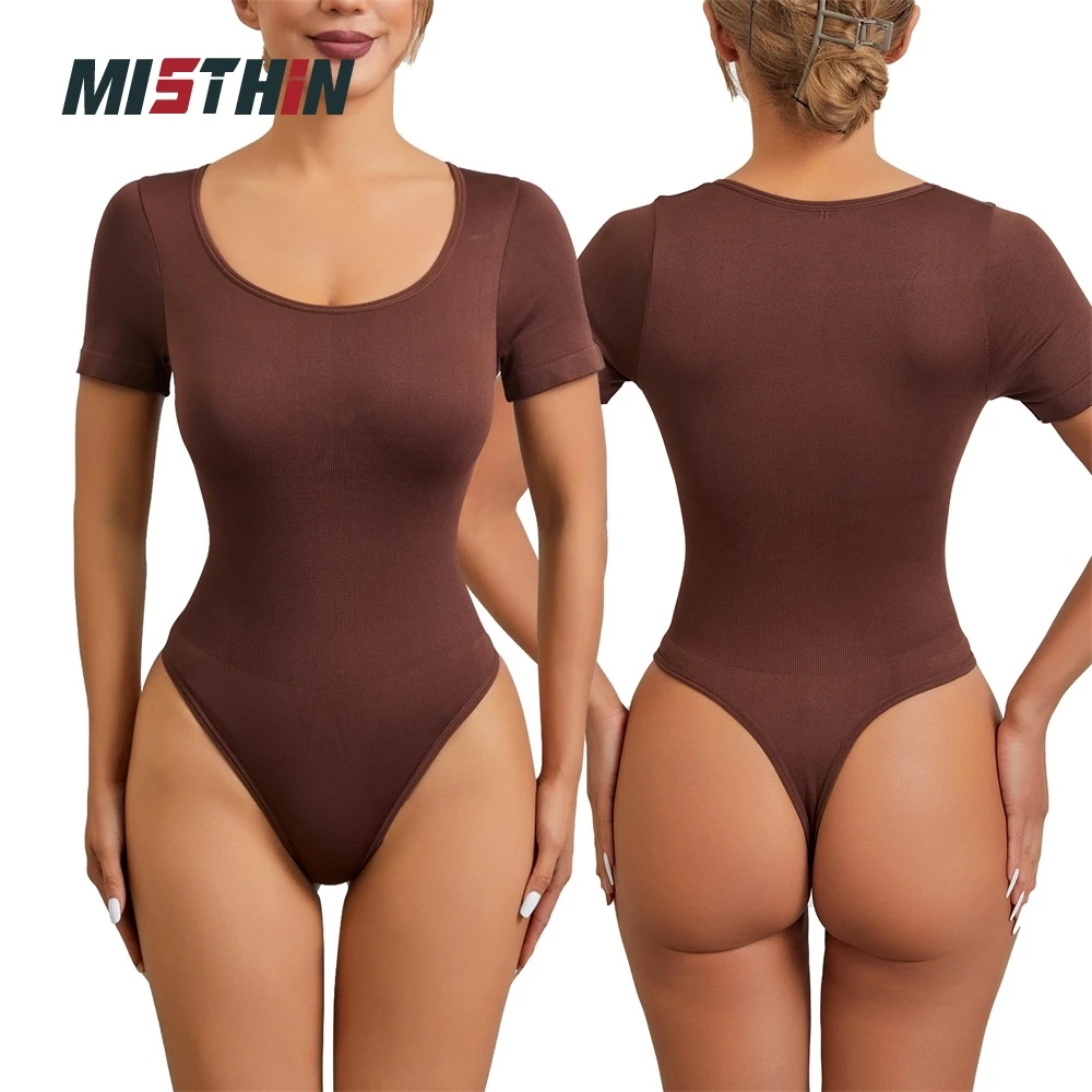 Round Neck Seamless Gym Women Sleeved Thong Panti Tummy Control Bodysuit Underwear Waist Trainer Shapewear Shaper