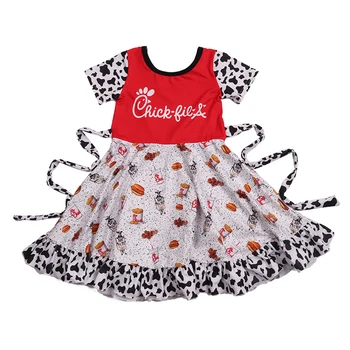 2022 Wholesale Boutique children's Clothes Cartoon Cow Pattern Print Red Color Short Sleeve Baby Cute Dress With Waist Belt