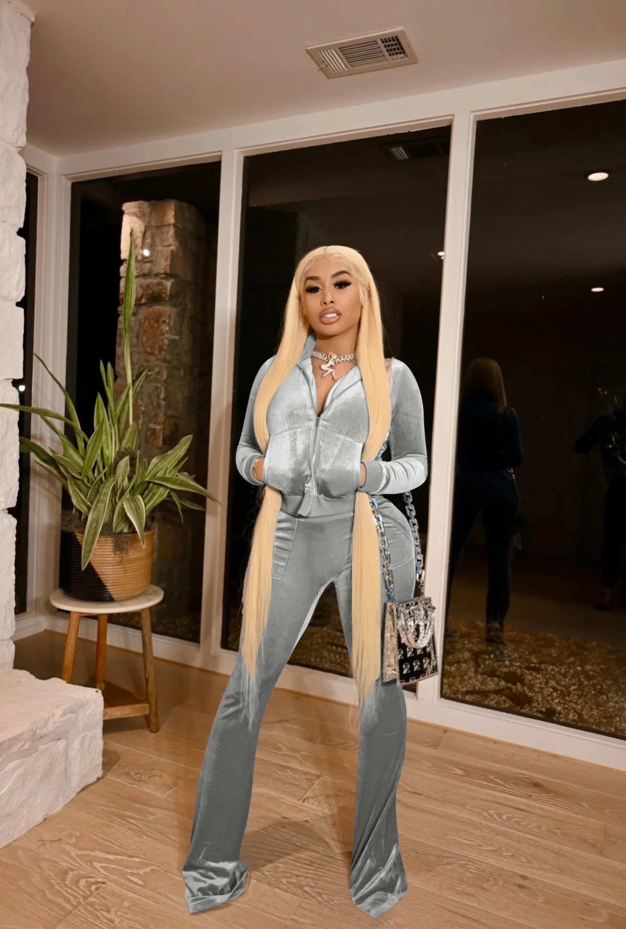 Boutique Hot Sell Piece Velours Flare Pants Set Crop Tops Velvet