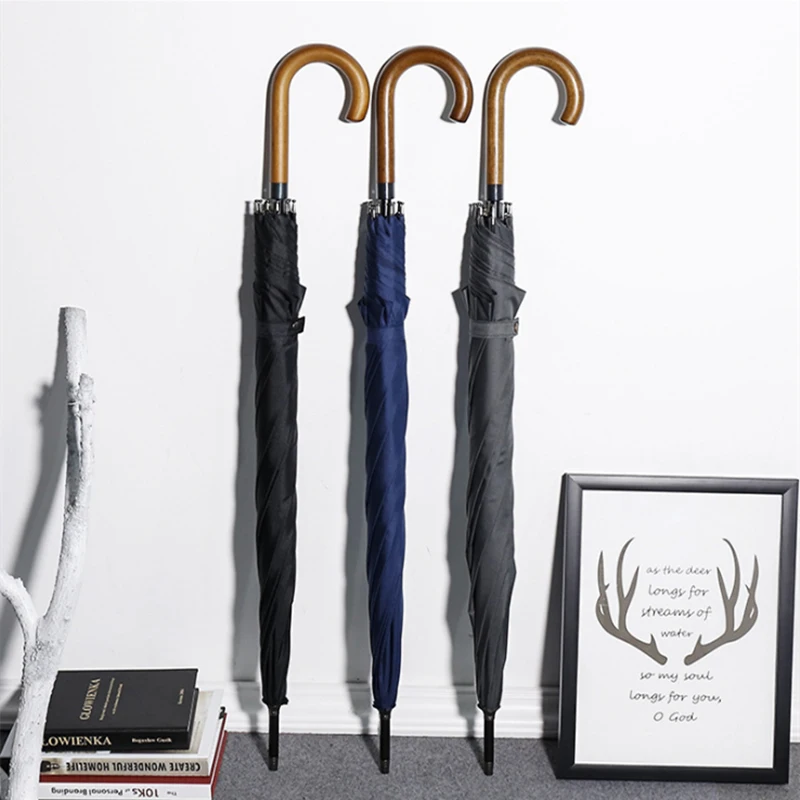 Branded Auto Open Wooden J Handle Stick Golf Umbrella with Custom logo