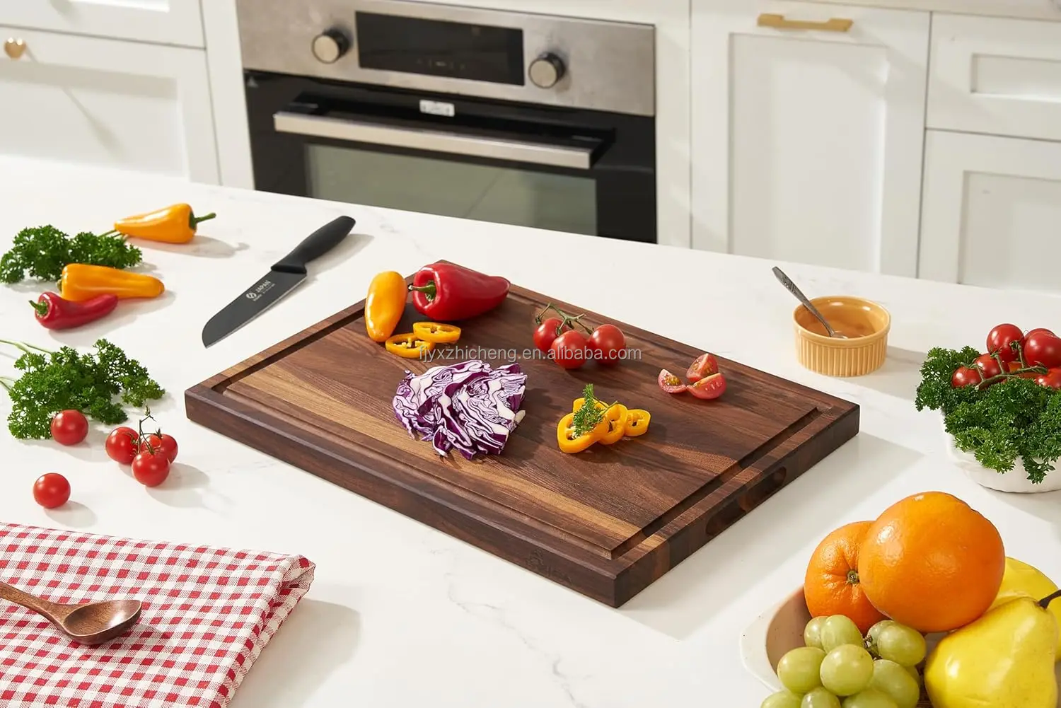 product american dark walnut wood cutting board 17x12x1in kitchen juice groove inner handles thick wooden board-7