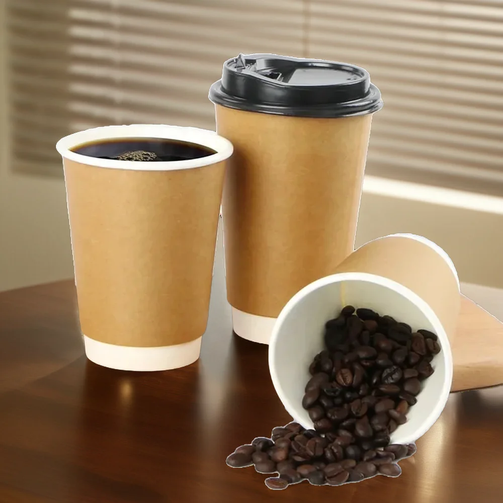 Custom Logo 8oz 12oz 16oz Double Wall Kraft Paper Cups Disposable Biodegradable Coffee Cups with Lids for Craft Use