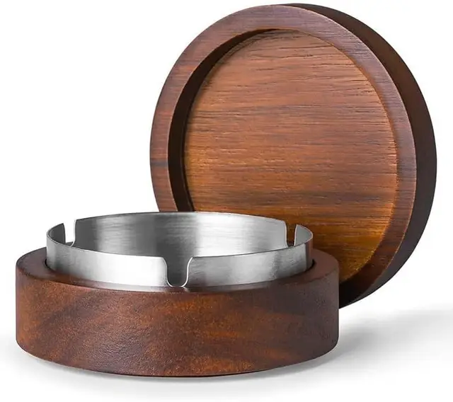 Tabletop Home Office Decor Round Wooden Smokeless Cigarette Ashtray with Lids for Patio Desktop Office Smokers