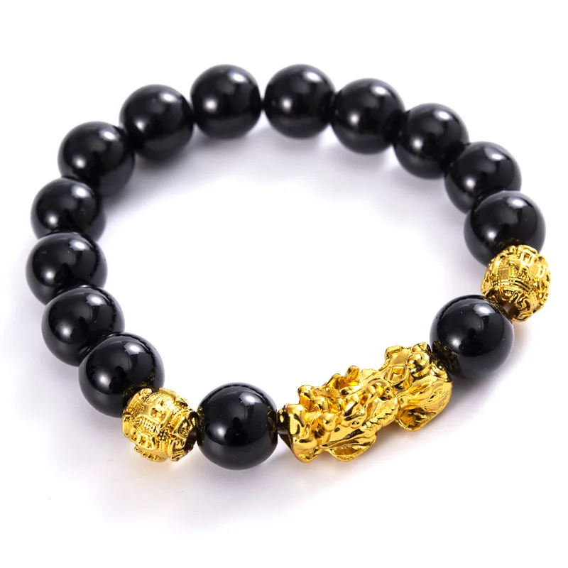 MECYLIFE Manmade Obsidian Gold Pixiu Bracelet Six-character Bracelet Gifts Fengshui Bracelet