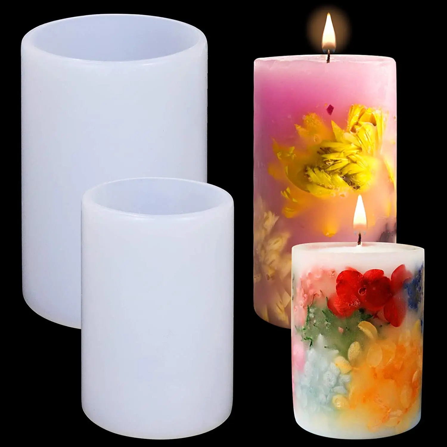 Home Decoration Soaps 3pcs Silicone Candle Molds Kit for Candle Making Cylinder Lotus Resin Casting Epoxy Molds with 20 Pcs Candle Wicks for Making Wax Candles Flower Specimen Clay Craft 