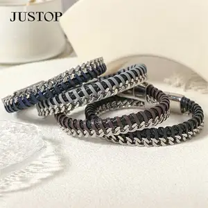 Wholesale Leather Bracelet for Man Logo Engraving Genuine Leather Bracelet Stainless Steel Custom Men Jewelry Magnetic Locker