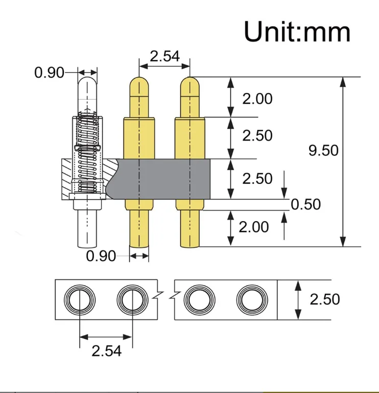 Gold Plated Spring Loaded Thimble Pogo Pin 7.5mm Long Pin Male Spring Pogopin Header Target Connector Through Hold PCB