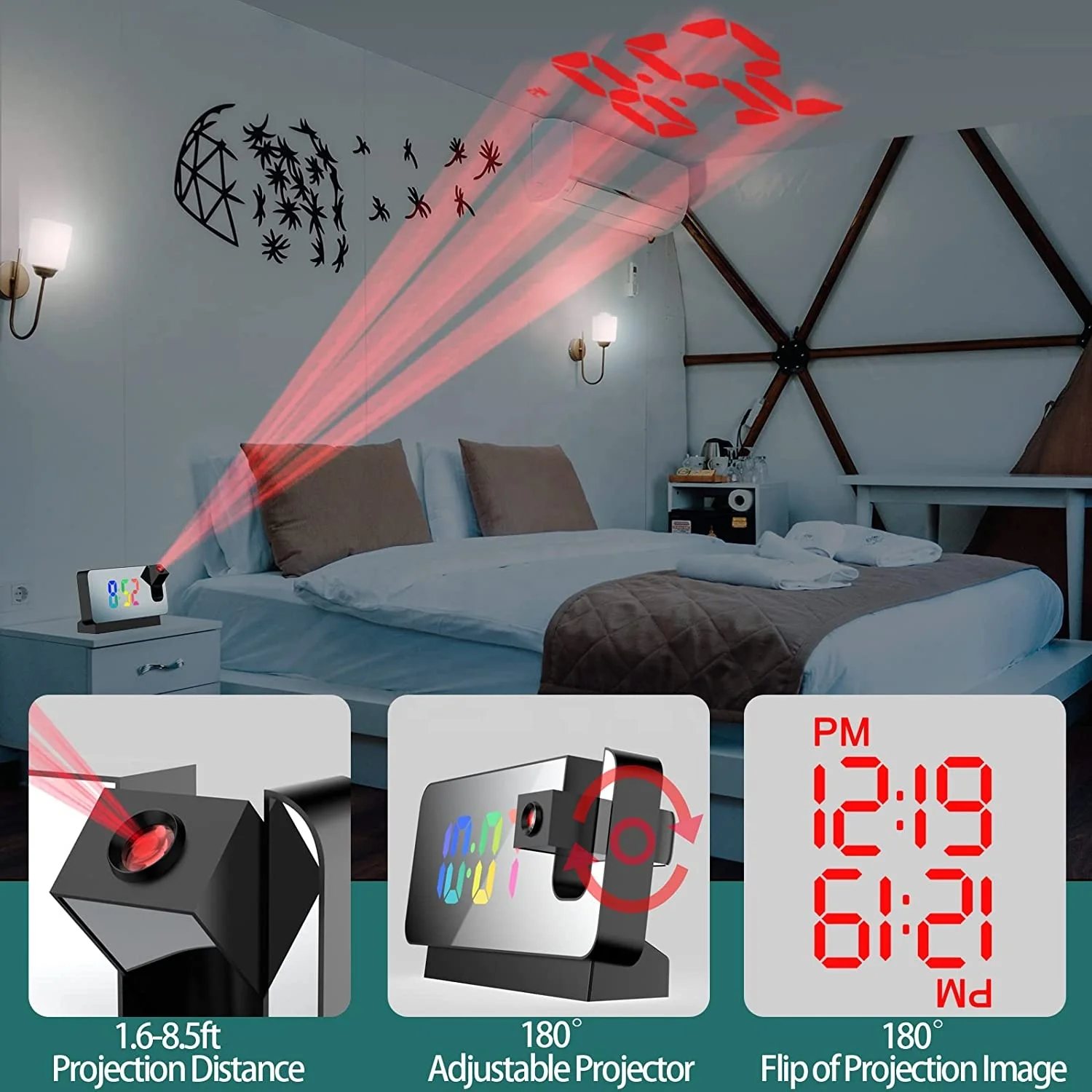 Digital Clock With Projector Laser Featuring Light Office Large Led