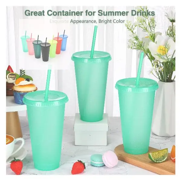 Reusable Colors Plastic Cups With Lids and Straws Glitter Iced Coffee Tumblers for Birthdays Party Bachelor Juices