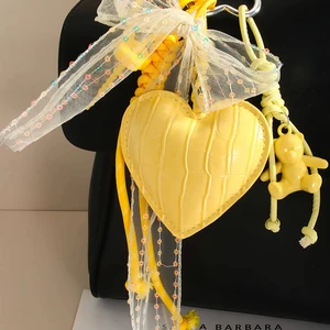 Cute Exquisite Original Design PU Yellow Heart Charm Keychain - Bowknot Bear with Braided Cord for Bag Decoration