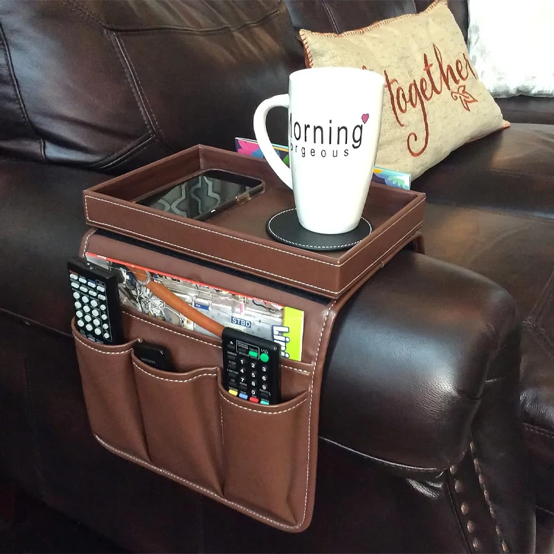 Armchair Caddy Remote Holder for Recliners Armrest Organizer PU Leather  Pockets Chair Caddy with Detachable Arm Tray