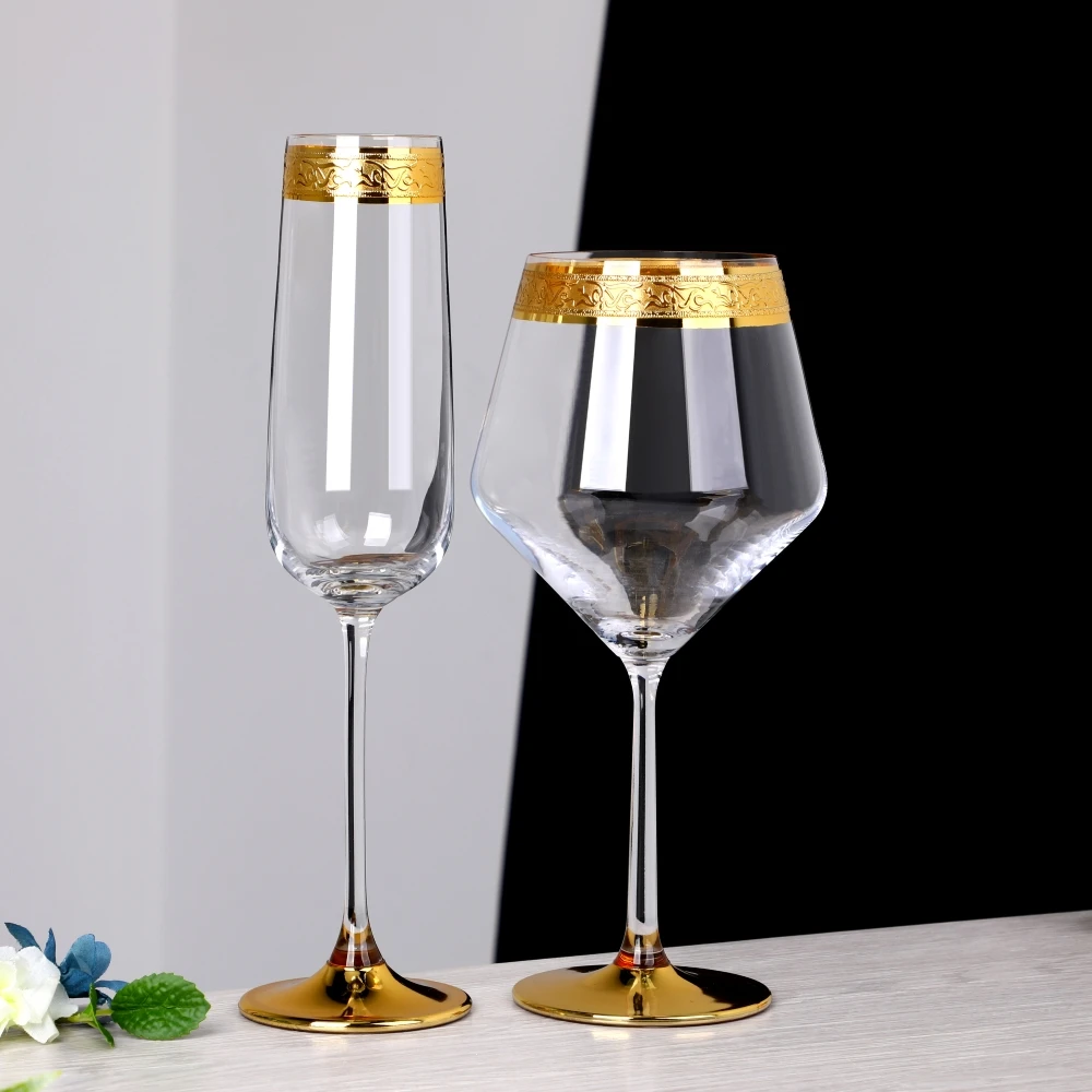 Luxury No Lead Crystal Art Deco Edge Gold Rimmed Glass champagne Flutes Wine Glasses Stemless