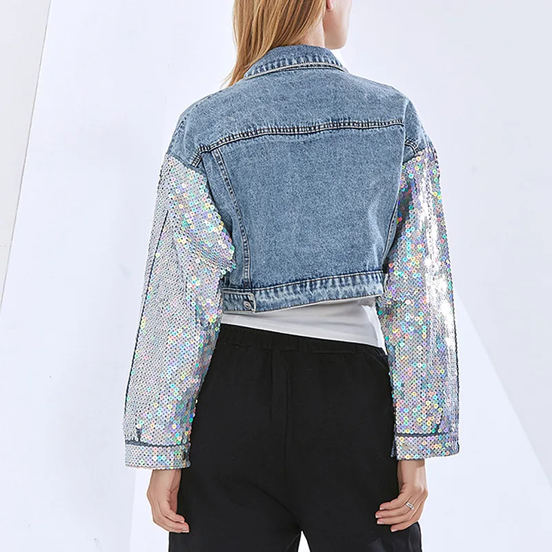 2021 spring new European and American sexy fashion jacket sequined denim stitching temperament short coat for women