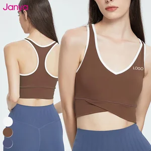Janya Women's High Elasticity Yoga Breathable Four-Way Stretch Crossed Hem Yoga Tank Top Color Blocking Racerback Sports Bra