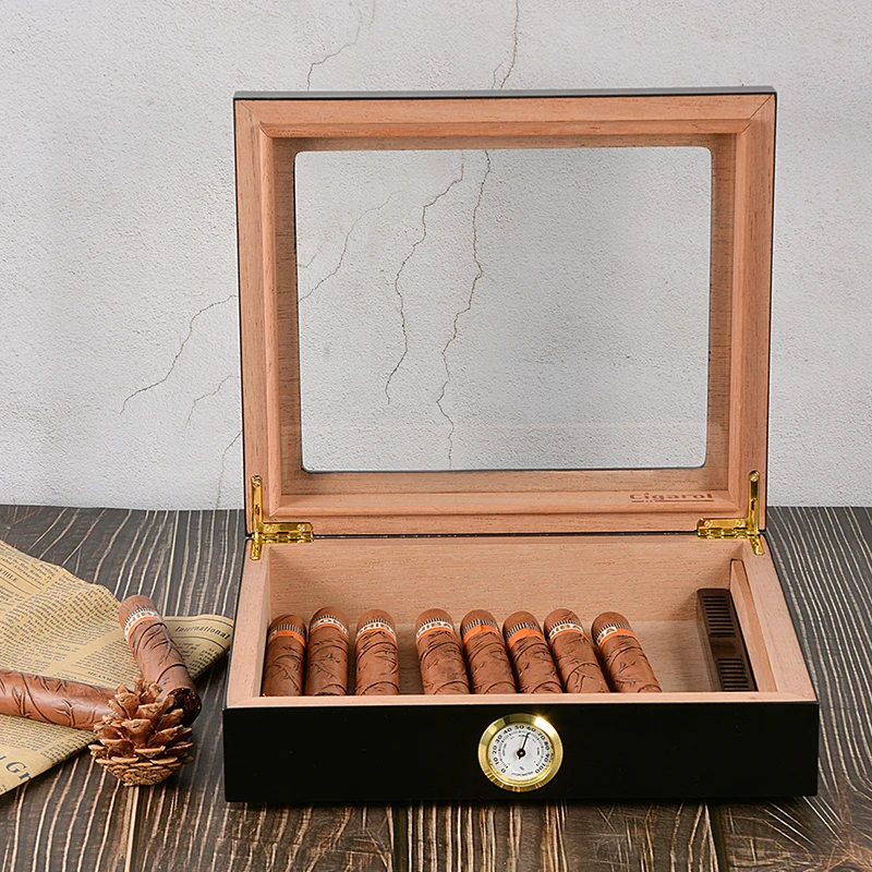 럭셔리 맞춤형 시가 담배 휴 미더 25 용량 체리 나무 시가 박스 유리 탑 습도계 가습기 시가 케이스 Buy Humidor