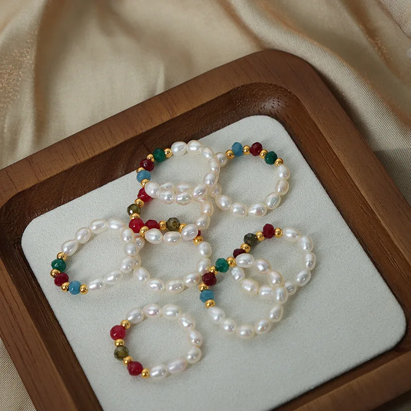 Wholesale Natural Agate Rice Pearl Bead Elastic Ring Adjustable Size Rings  Natural Freshwater Pearl Ring