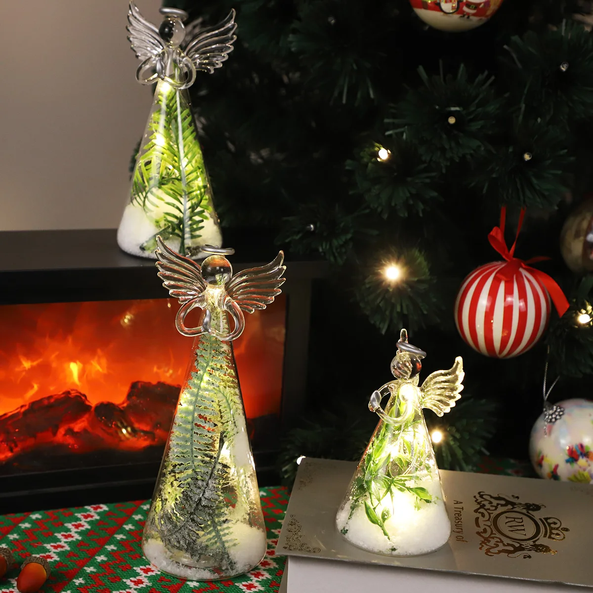 Battery operated led light up hand blown glass angel for indoor Christmas ornaments