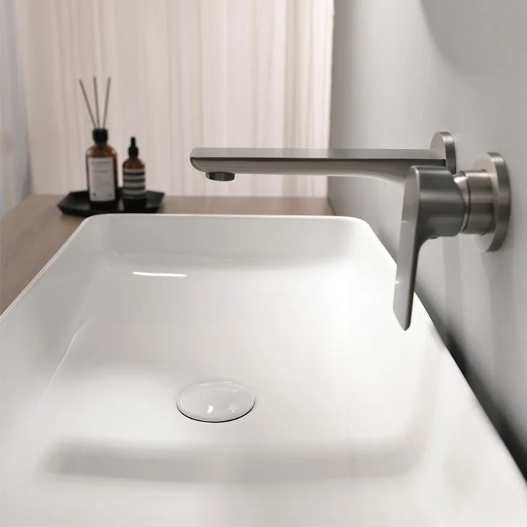 Modern Wall Mounted Basin Faucet Brushed Nickel Concealed Bathroom Sink Mixer Tap Single Handle Minimalist Copper Ceramic Valve