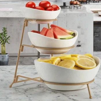 Ceramic Fruit Tray 3 Tier Oval Bowl Set With Metal Rack,Habilife Three Ceramic Fruit Bowl Serving Tiered Serving Stand