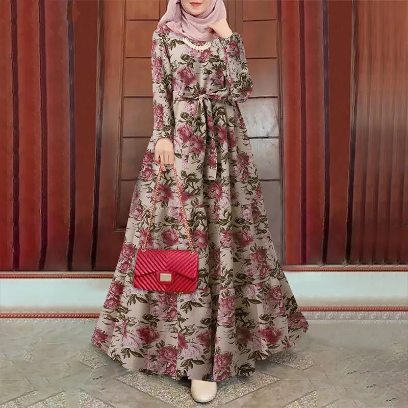 Elegant Muslim Women's Floral Print Dress - Spring/summer
