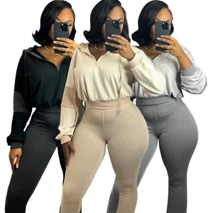 Short Solid Skinny Fit Breathable Quick Dry Knitted High Quality Stretch Summer Casual Hoodie & Bellbottom Pants Two Piece Set