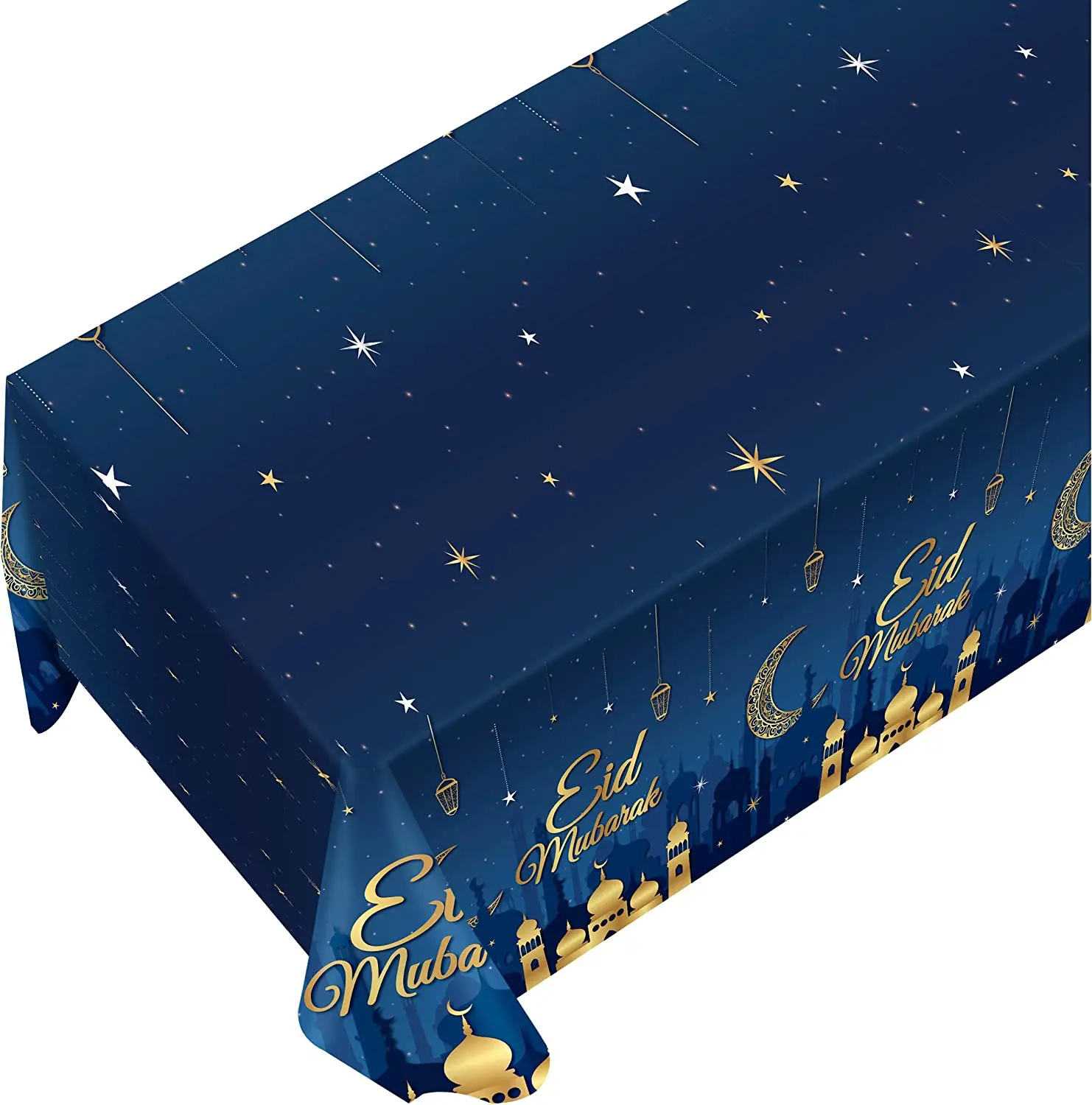 Plastic Tablecloth Eid Mubarak Table Cover for Ramadan Party for Wedding Banquet Birthday Home Use Muslim Theme Navy Blue Free