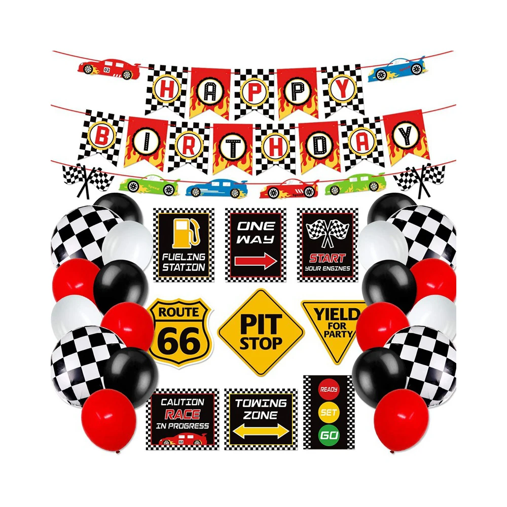 Race Car Birthday Party Decoration Set,Racing Birthday Banner Checkered  Flags Balloons For Boys Let