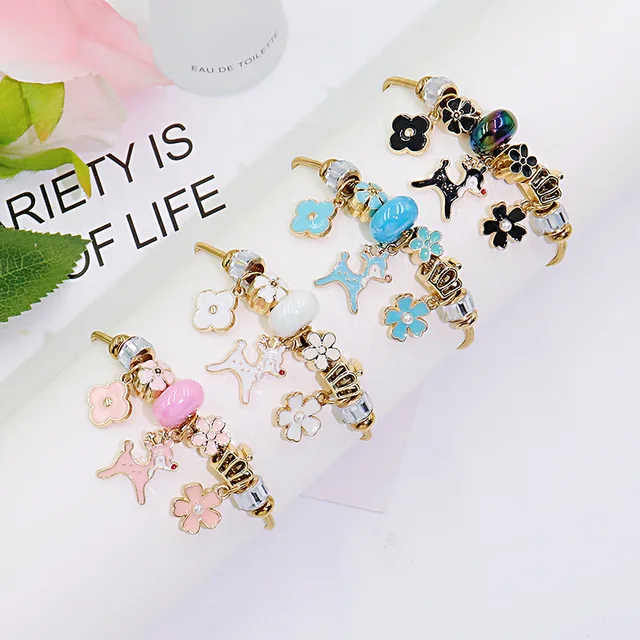 Hot Sale Gold Plated Colorful Oil Drop Deer Charm Bracelet Stainless Steel Flower Pendant DIY Bangle Bracelet for Girls