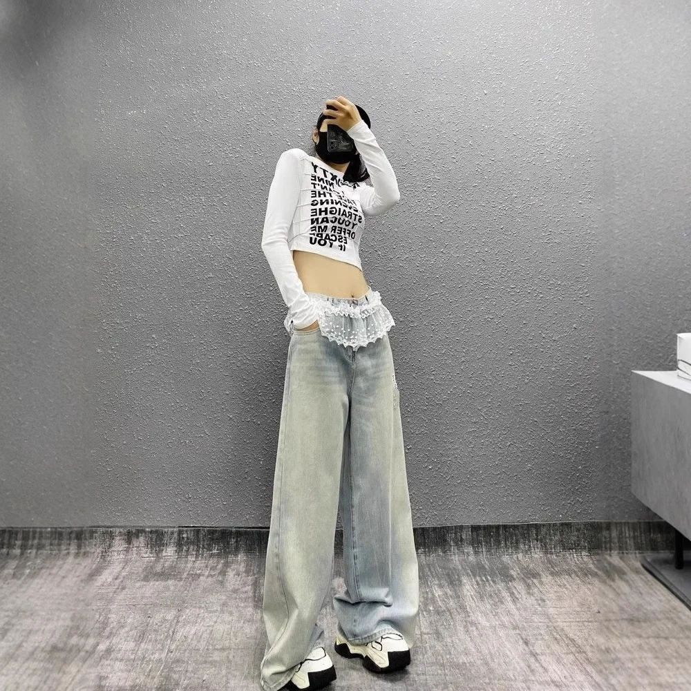 Sommer-Neuheit KAKAMEE: Hochtaillige, gewaschene Jeans aus Denim mit weitem Bein und Spitzenbesatz am Saum, schnell trocknend aus Polyester/Baumwolle für Frauen