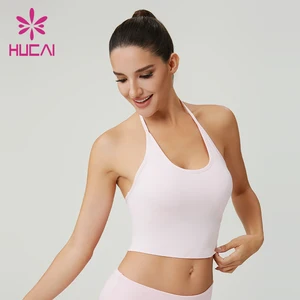 HUCAI Custom logo 92%Viscose 8%spandex Soft Knitted Fabric Fold-over Low-rise Waistband Flared Leg Design Yoga Tank Top Women