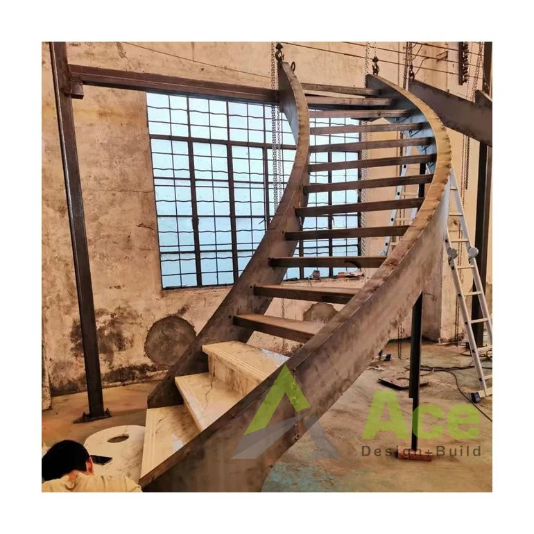 Villa Projects Curved/arched Double Beam Staircase with LED Stairs Light Solid Wood Tread
