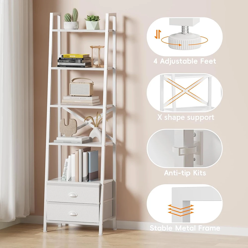 product 5 tier ladder shelf 2 drawers modern narrow bookshelf storage shelves freestanding rack units for bedroom living room home-2