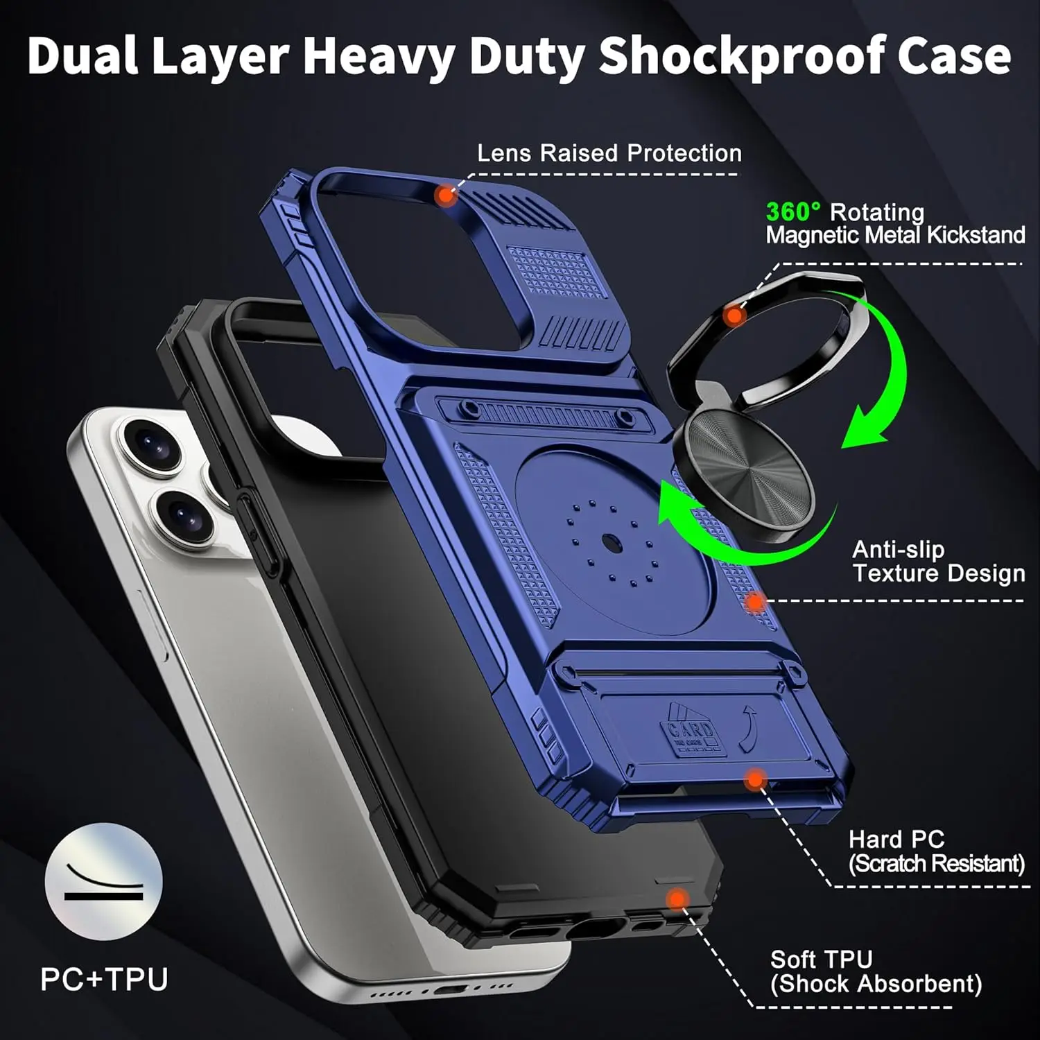 Laudtec for iPhone 16 Pro Max Case Wallet Card Holder [Store 2 Cards] 360 Magnetic Rotated Ring Holder Heavy Duty Drop supplier