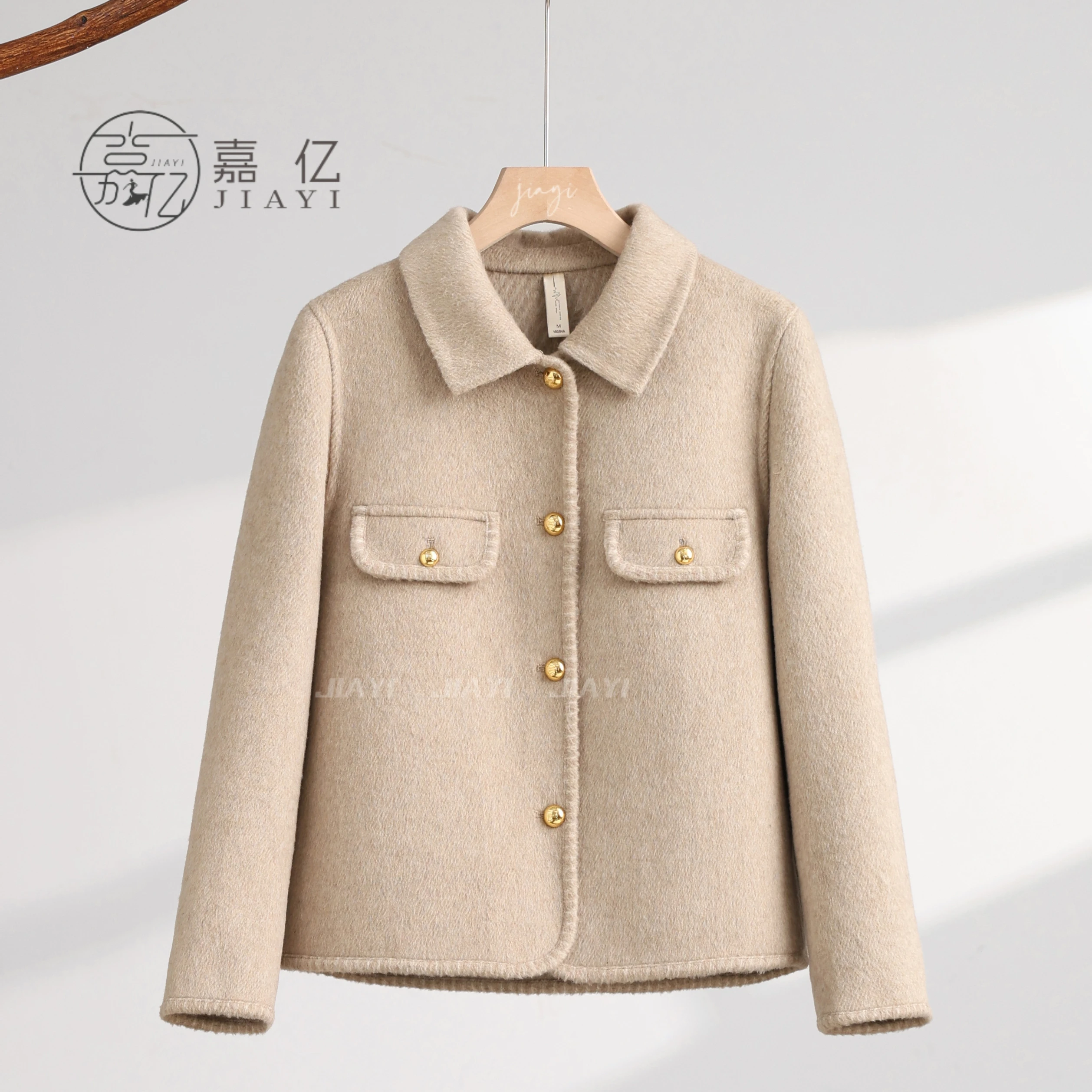 Elegant Women's Long Winter Quilted Wool Coat with Double-Breasted Cashmere Closure Logo Decoration Ground Color-New Collection
