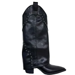 BUSY GIRL QD21 Rivet Pointed Toe Thick Heel Knee-high Boots 2026 Spring New Retro Mid-heel Trouser Boots Classic Boots for Women