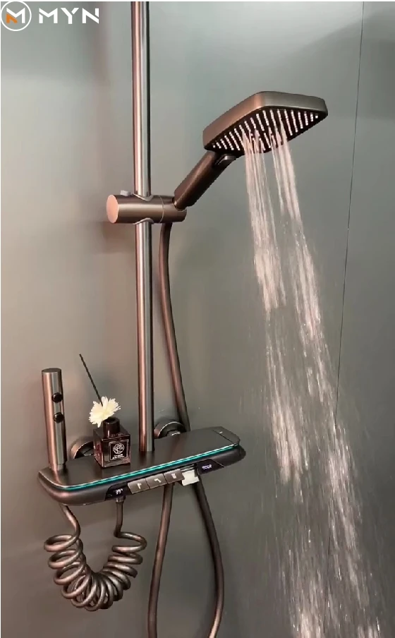 Highend Brass Gun Gray Shower Set Wall Mounted Temperature Display