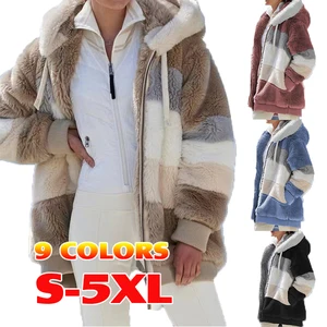 Winter Women Hooded Coat Fleece Faux Fur Parkas Jackets Fuzzy Striped Drawstring Plus Size Multicolor Patchwork Coats for Ladies