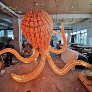 Wholesale Custom Project Art Nouveau Style LED Chandelier for Shopping Mall Hotels Octopus Wood Slice Rattan Combination Pendant