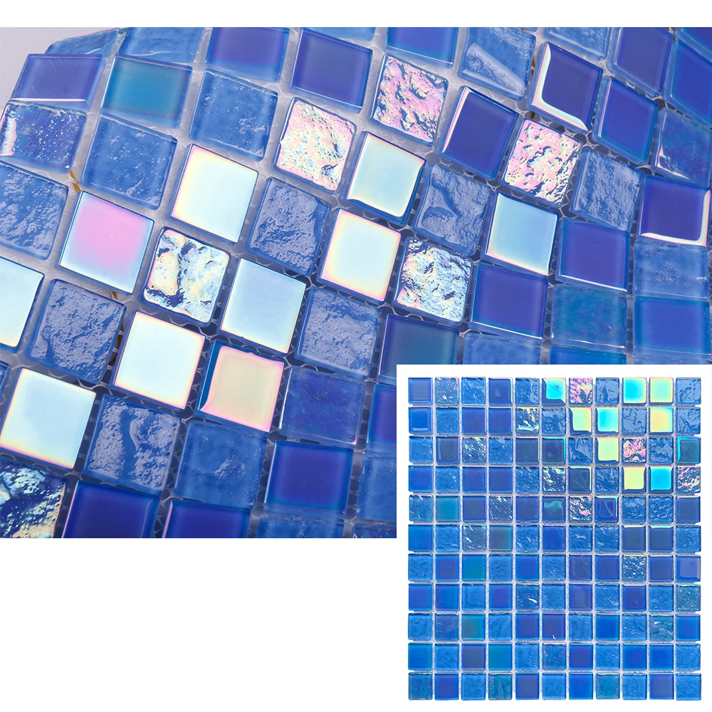 Cheap wholesale green white pink blue iridescent crystal glass swimming pool mosaic tile use for Bathroom outdoor floor and wall manufacture